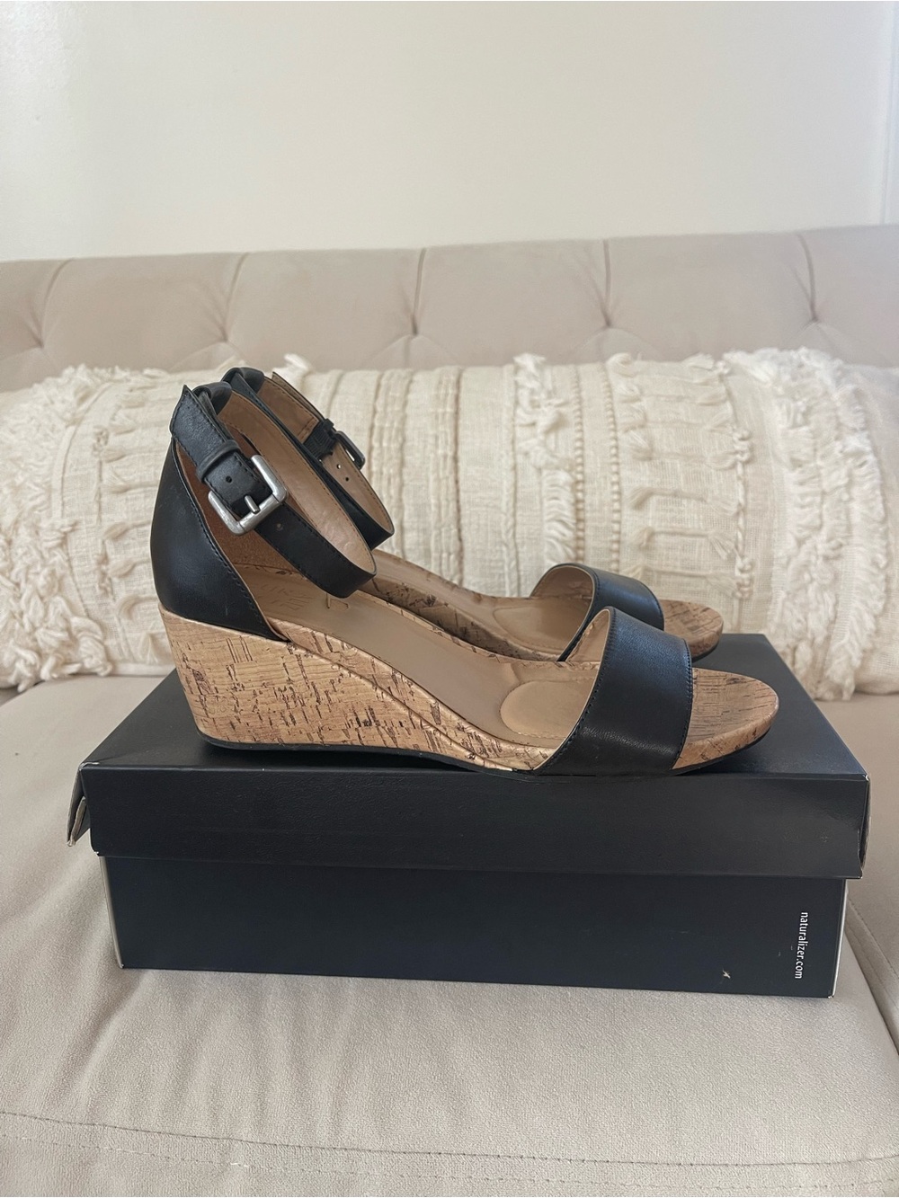 Naturalizer Black Cork Wedge Sandals with Ankle Strap 8.5 W
